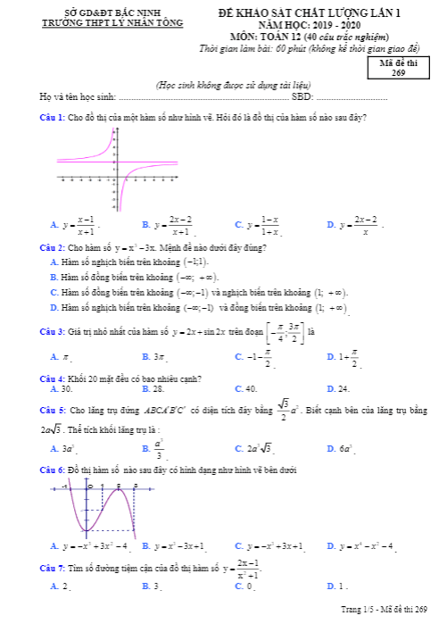 Đề KSCL lần 1 Toán 12 năm 2019 – 2020 trường THPT Lý Nhân Tông – Bắc Ninh