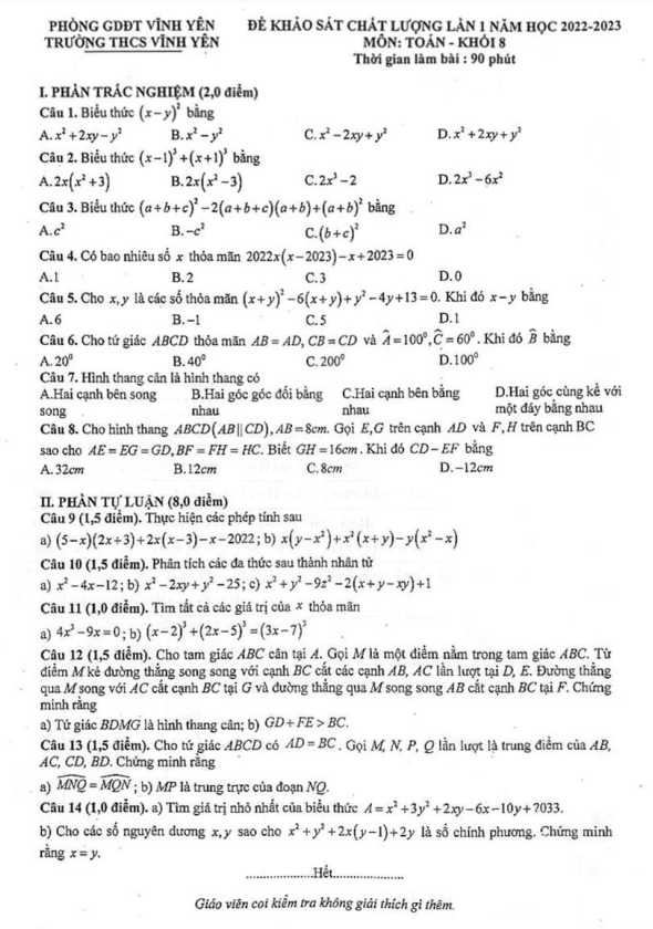Đề KSCL lần 1 Toán 8 năm 2022 – 2023 trường THCS Vĩnh Yên – Vĩnh Phúc
