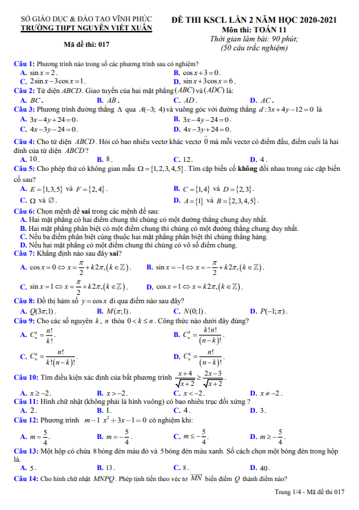 Đề KSCL lần 2 Toán 11 năm 2020 – 2021 trường THPT Nguyễn Viết Xuân – Vĩnh Phúc