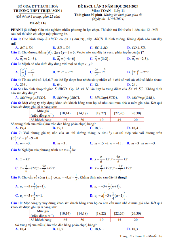 Đề KSCL lần 2 Toán 11 năm 2023 – 2024 trường THPT Triệu Sơn 4 – Thanh Hóa