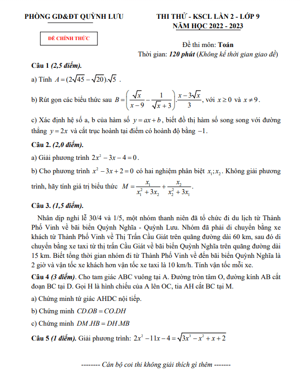 Đề KSCL lần 2 Toán 9 năm 2022 – 2023 phòng GD&ĐT Quỳnh Lưu – Nghệ An