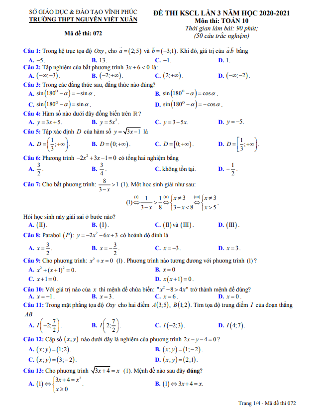 Đề KSCL lần 3 Toán 10 năm 2020 – 2021 trường THPT Nguyễn Viết Xuân – Vĩnh Phúc