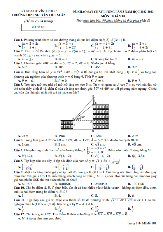 Đề KSCL lần 3 Toán 10 năm 2022 – 2023 trường THPT Nguyễn Viết Xuân – Vĩnh Phúc