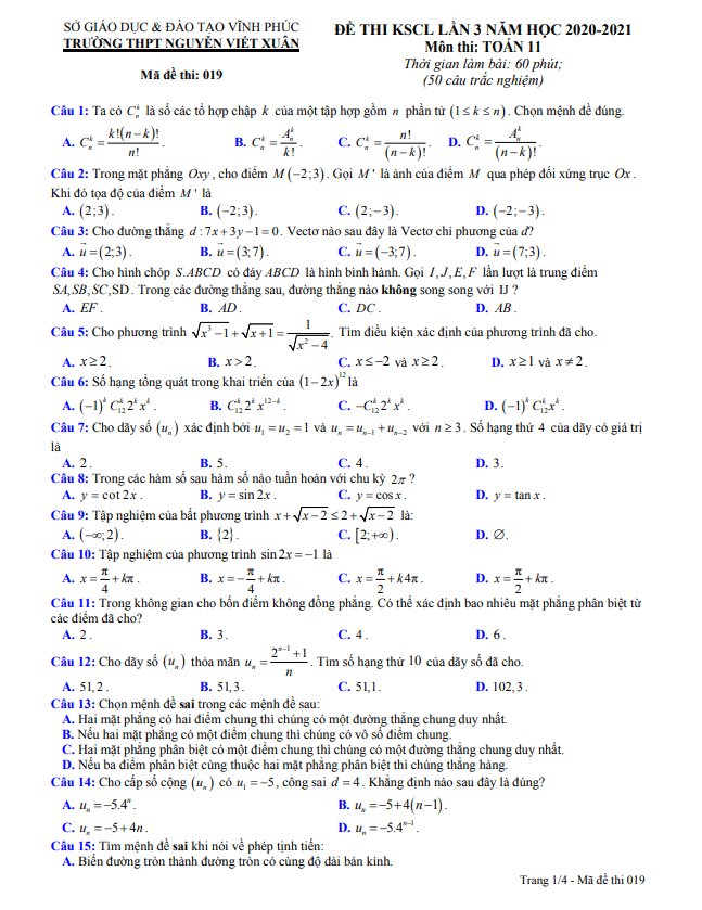 Đề KSCL lần 3 Toán 11 năm 2020 – 2021 trường THPT Nguyễn Viết Xuân – Vĩnh Phúc