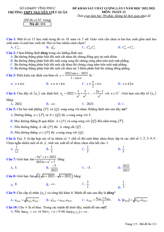 Đề KSCL lần 3 Toán 11 năm 2022 – 2023 trường THPT Nguyễn Viết Xuân – Vĩnh Phúc