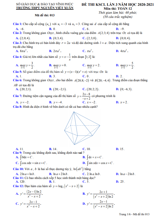 Đề KSCL lần 3 Toán 12 năm 2020 – 2021 trường THPT Nguyễn Viết Xuân – Vĩnh Phúc