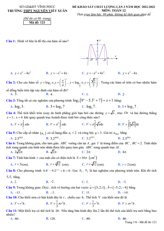Đề KSCL lần 3 Toán 12 năm 2022 – 2023 trường THPT Nguyễn Viết Xuân – Vĩnh Phúc