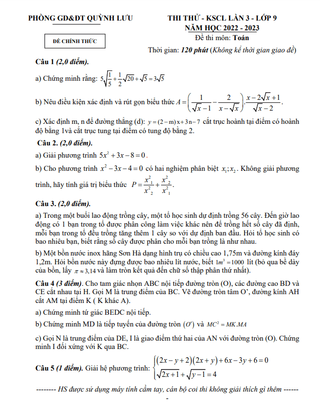 Đề KSCL lần 3 Toán 9 năm 2022 – 2023 phòng GD&ĐT Quỳnh Lưu – Nghệ An