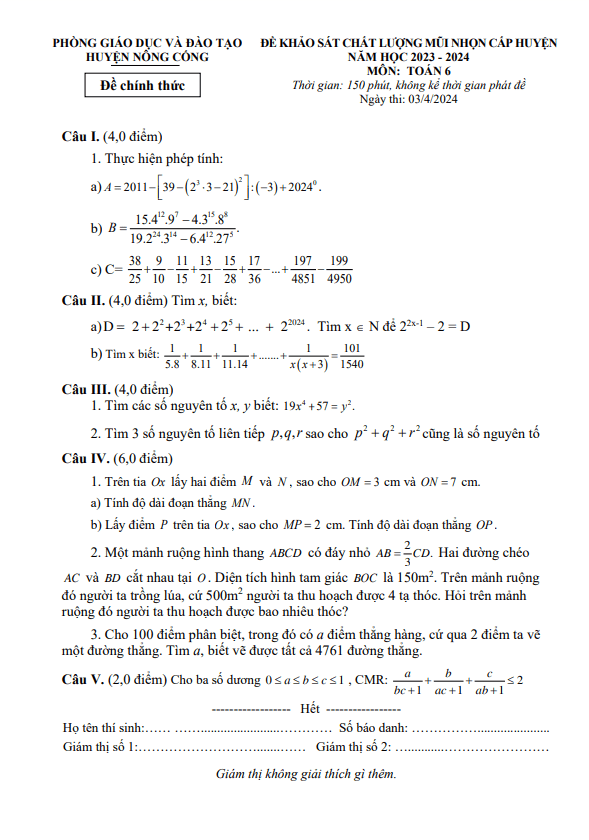 Đề KSCL mũi nhọn Toán 6 năm 2023 – 2024 phòng GD&ĐT Nông Cống – Thanh Hóa