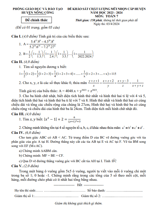 Đề KSCL mũi nhọn Toán 7 năm 2023 – 2024 phòng GD&ĐT Nông Cống – Thanh Hóa