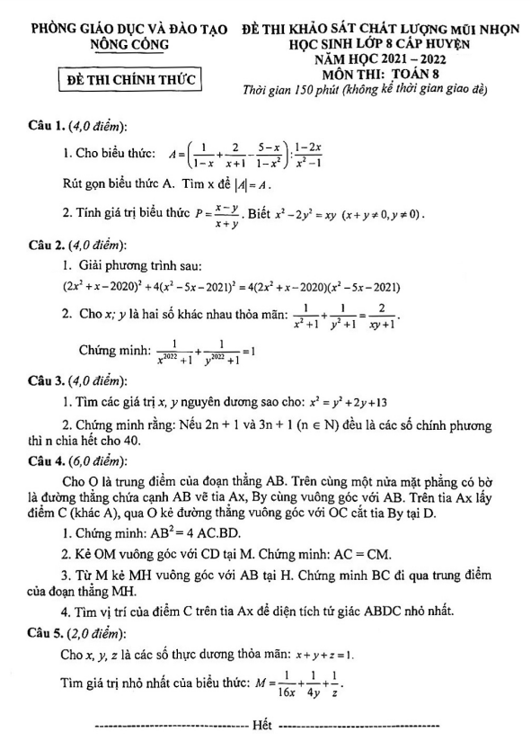 Đề KSCL mũi nhọn Toán 8 năm 2021 – 2022 phòng GD&ĐT Nông Cống – Thanh Hóa