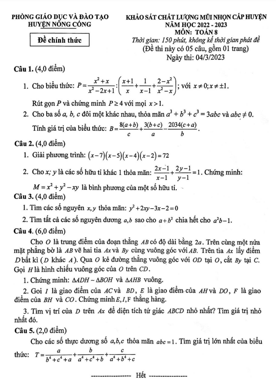 Đề KSCL mũi nhọn Toán 8 năm 2022 – 2023 phòng GD&ĐT Nông Cống – Thanh Hóa