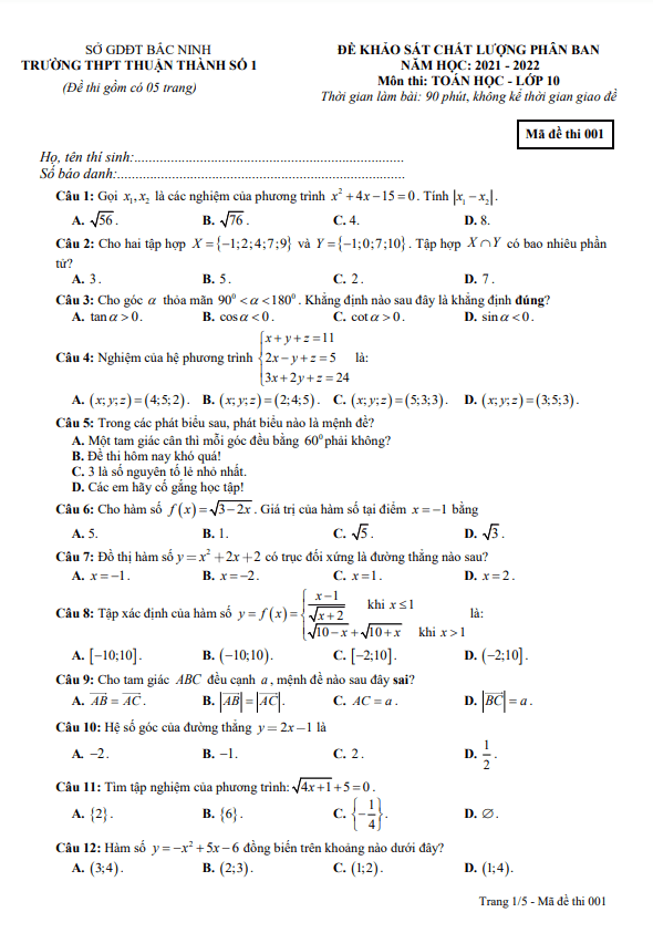Đề KSCL phân ban Toán 10 năm 2021 – 2022 trường Thuận Thành 1 – Bắc Ninh