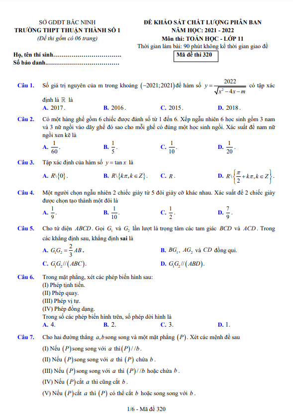 Đề KSCL phân ban Toán 11 năm 2021 – 2022 trường Thuận Thành 1 – Bắc Ninh