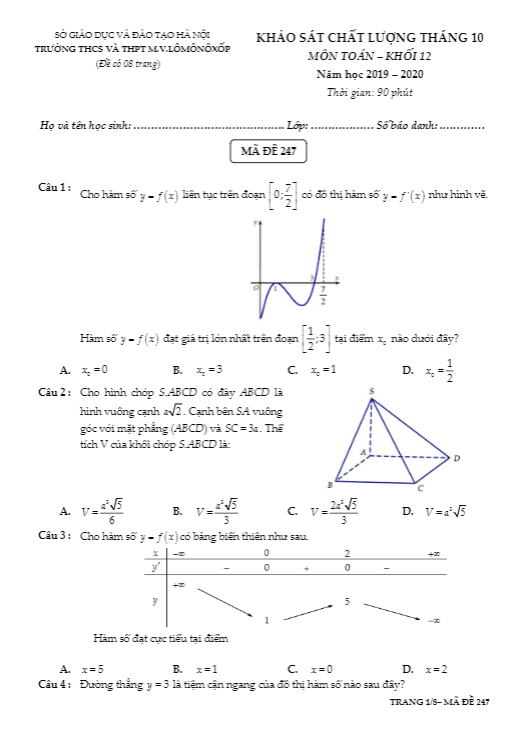 Đề KSCL tháng 10 Toán 12 năm 2019 – 2020 trường M.V Lômônôxốp – Hà Nội
