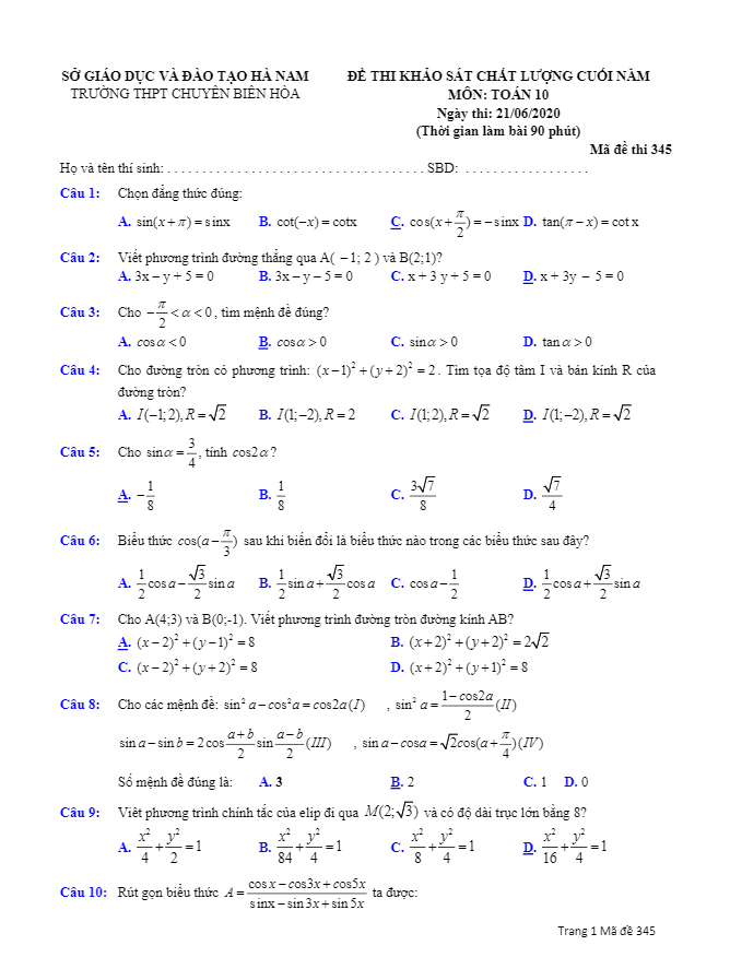 Đề KSCL Toán 10 cuối năm học 2019 – 2020 trường chuyên Biên Hòa – Hà Nam