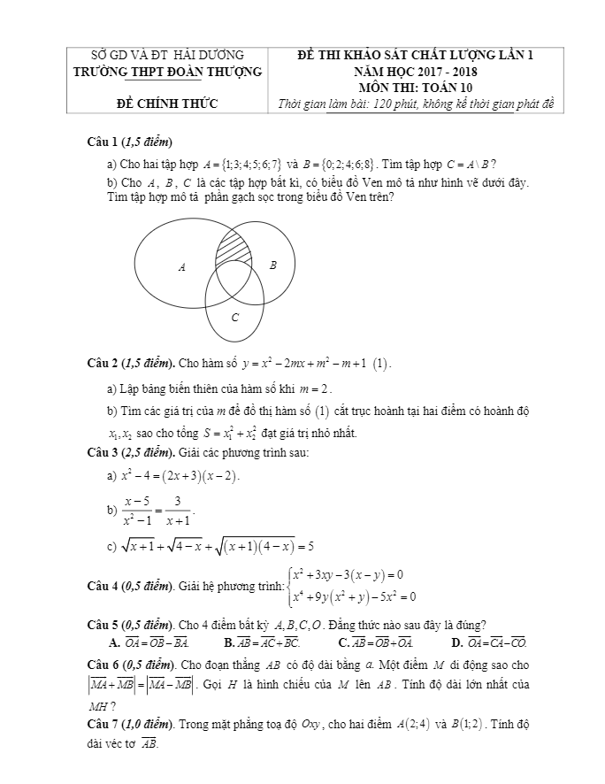 Đề KSCL Toán 10 lần 1 năm học 2017 – 2018 trường THPT Đoàn Thượng – Hải Dương