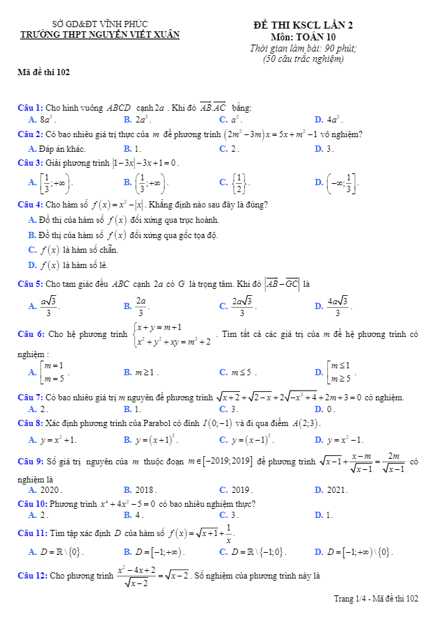 Đề KSCL Toán 10 lần 2 năm 2019 – 2020 trường Nguyễn Viết Xuân – Vĩnh Phúc