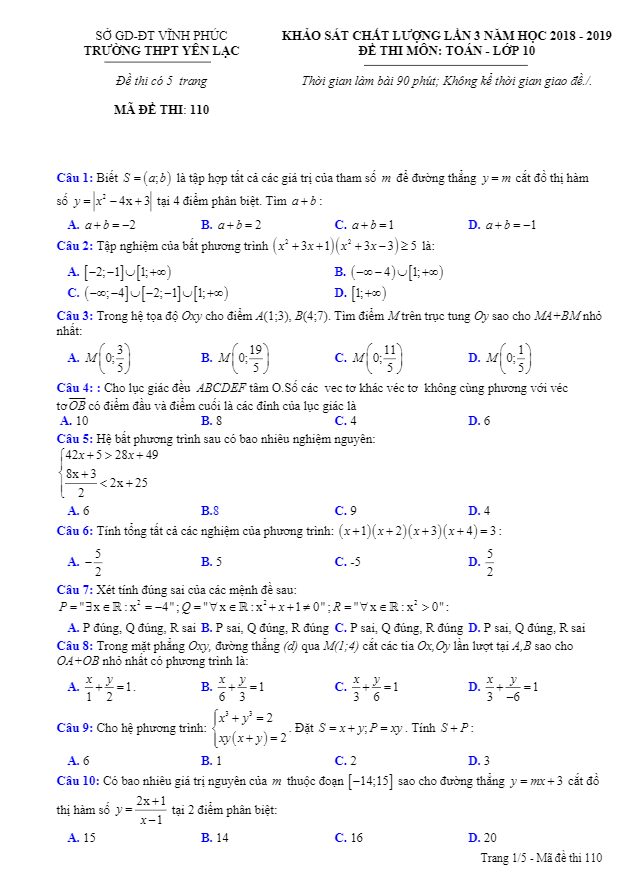 Đề KSCL Toán 10 lần 3 năm 2018 – 2019 trường THPT Yên Lạc – Vĩnh Phúc