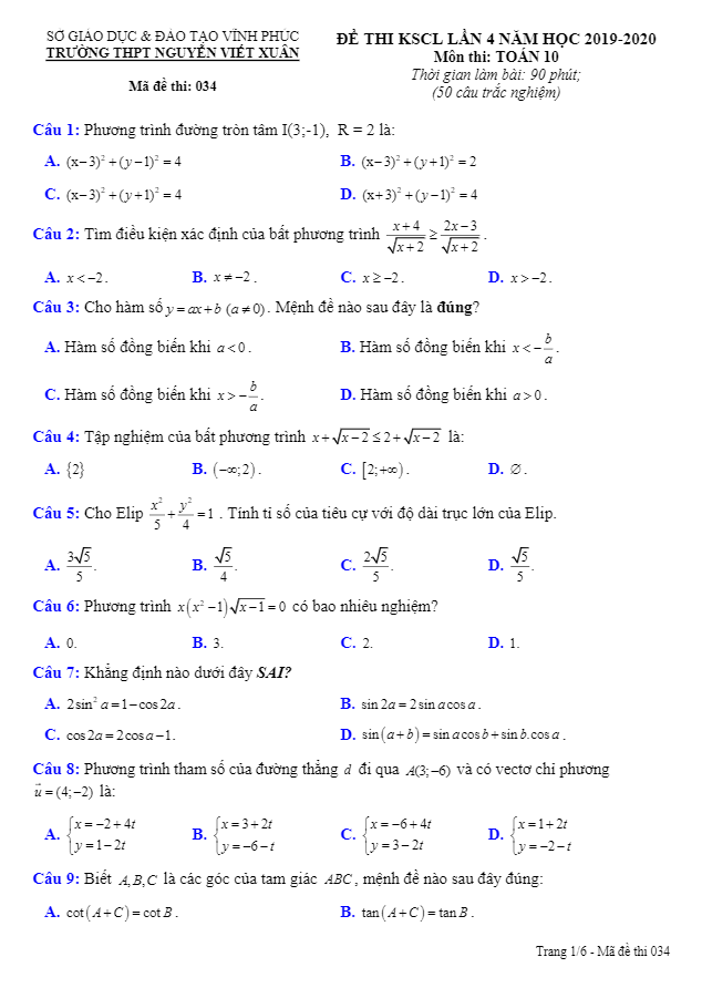 Đề KSCL Toán 10 lần 4 năm 2019 – 2020 trường THPT Nguyễn Viết Xuân – Vĩnh Phúc