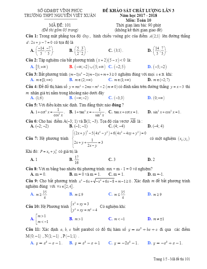Đề KSCL Toán 10 năm 2017 – 2018 trường Nguyễn Viết Xuân – Vĩnh Phúc lần 3