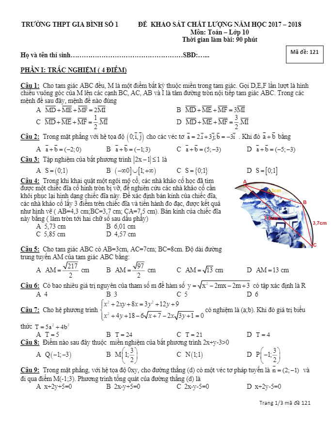 Đề KSCL Toán 10 năm học 2017 – 2018 trường THPT Gia Bình số 1 – Bắc Ninh