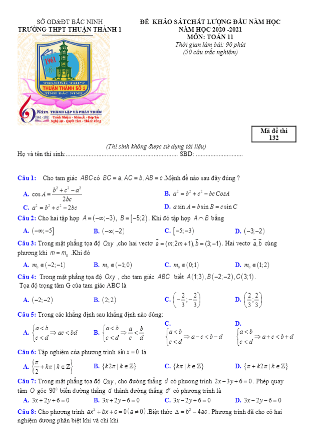 Đề KSCL Toán 11 đầu năm học 2020 – 2021 trường Thuận Thành 1 – Bắc Ninh