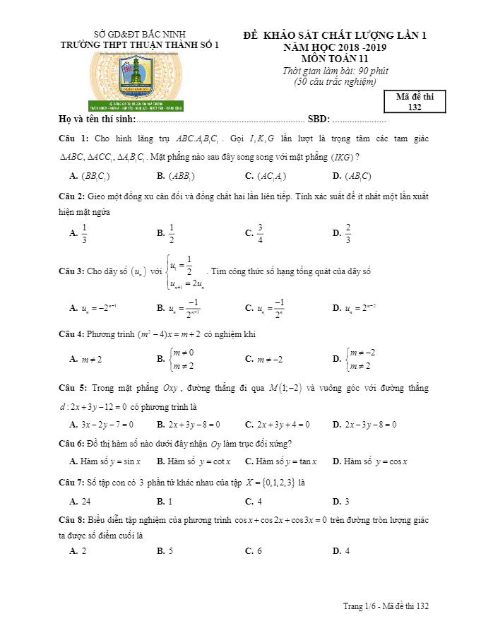 Đề KSCL Toán 11 lần 1 năm 2018 – 2019 trường Thuận Thành 1 – Bắc Ninh