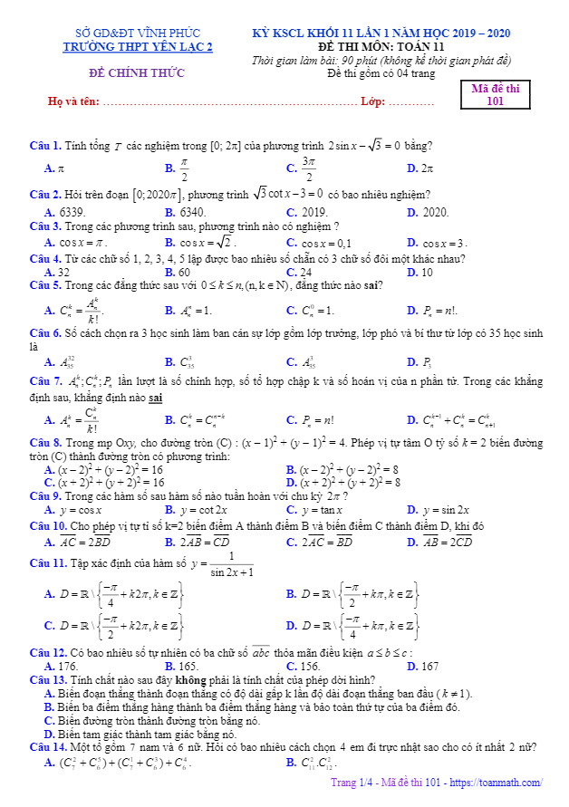 Đề KSCL Toán 11 lần 1 năm 2019 – 2020 trường THPT Yên Lạc 2 – Vĩnh Phúc