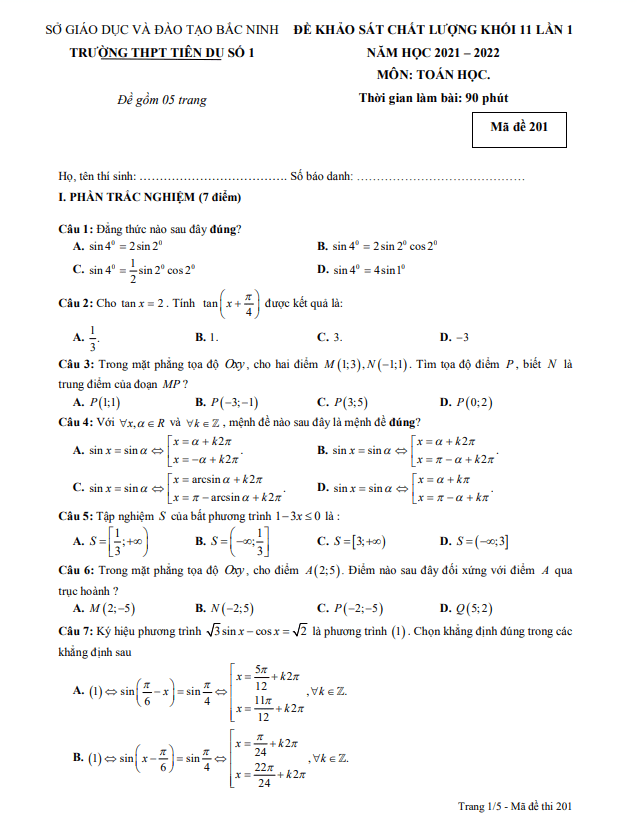 Đề KSCL Toán 11 lần 1 năm 2021 – 2022 trường THPT Tiên Du 1 – Bắc Ninh