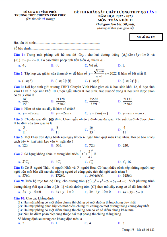 Đề KSCL Toán 11 lần 1 năm 2022 – 2023 trường THPT chuyên Vĩnh Phúc