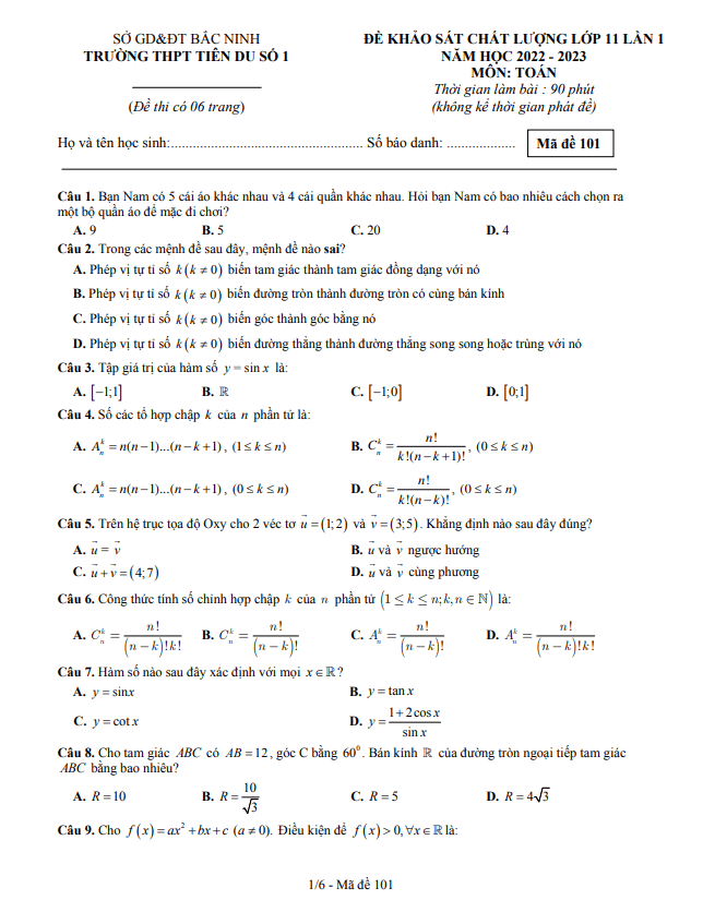 Đề KSCL Toán 11 lần 1 năm 2022 – 2023 trường THPT Tiên Du 1 – Bắc Ninh
