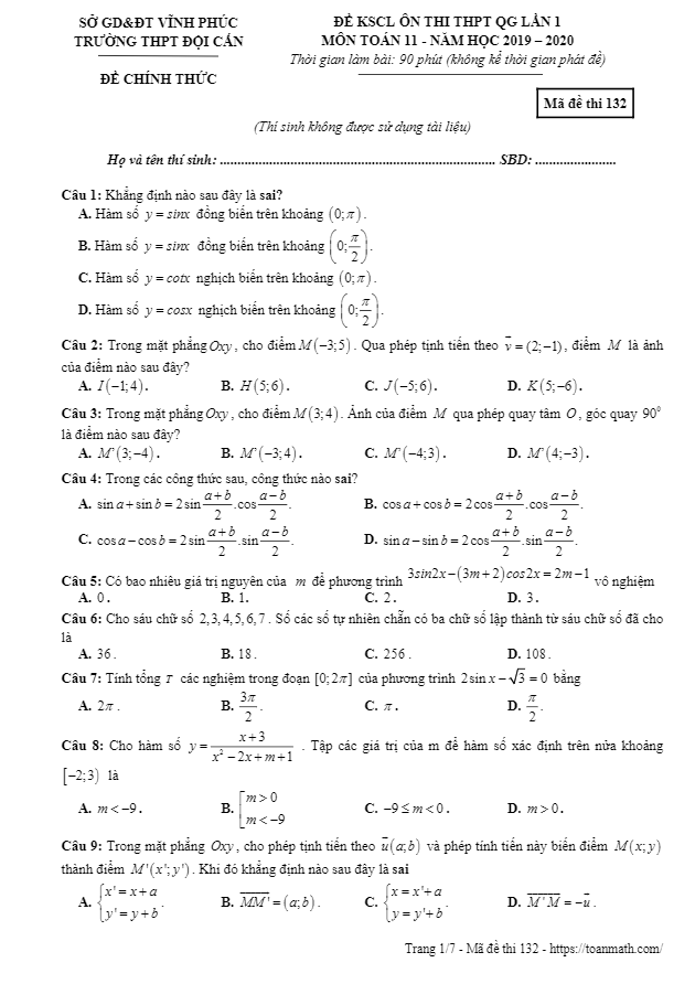 Đề KSCL Toán 11 lần 1 ôn thi THPTQG 2019 – 2020 trường Đội Cấn – Vĩnh Phúc