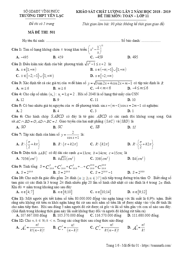 Đề KSCL Toán 11 lần 2 năm 2018 – 2019 trường THPT Yên Lạc – Vĩnh Phúc