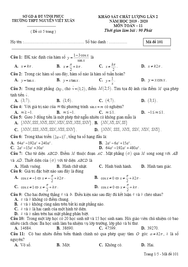 Đề KSCL Toán 11 lần 2 năm 2019 – 2020 trường Nguyễn Viết Xuân – Vĩnh Phúc