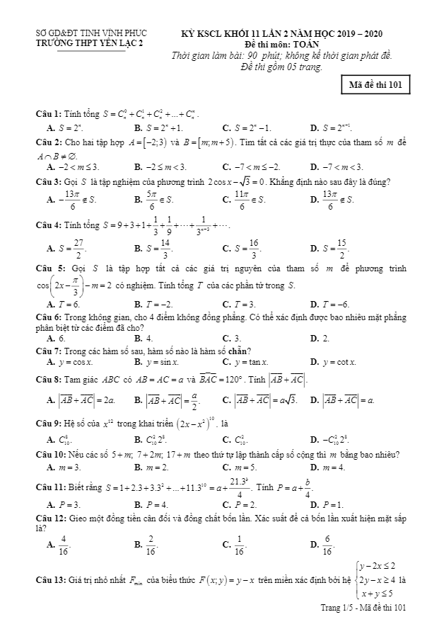 Đề KSCL Toán 11 lần 2 năm 2019 – 2020 trường THPT Yên Lạc 2 – Vĩnh Phúc