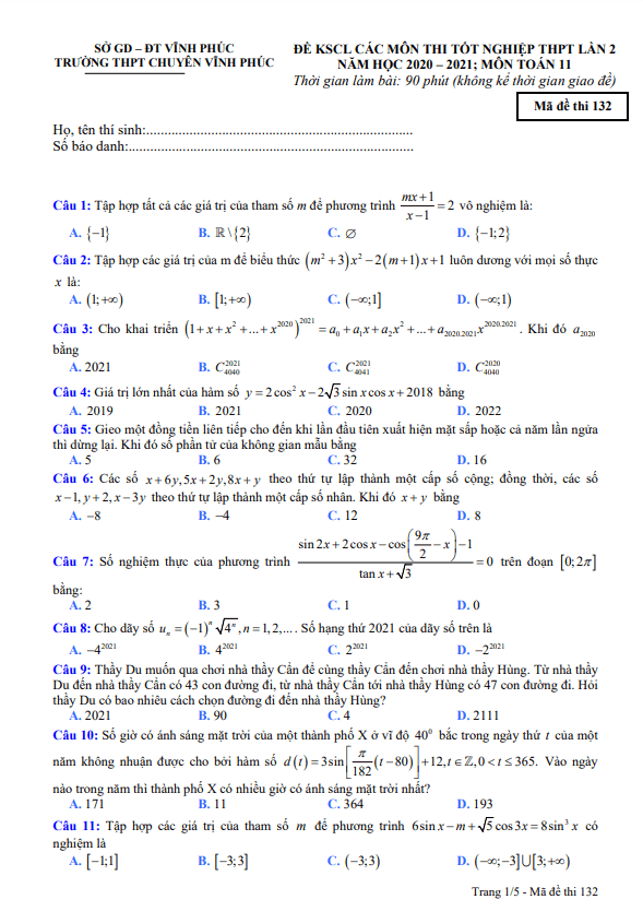 Đề KSCL Toán 11 lần 2 năm 2020 – 2021 trường THPT chuyên Vĩnh Phúc