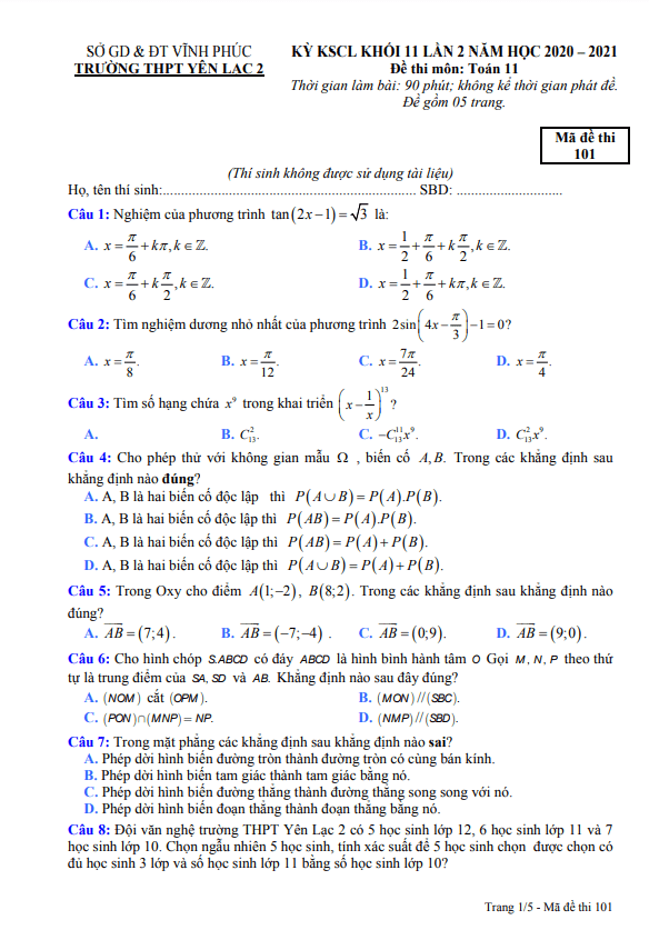Đề KSCL Toán 11 lần 2 năm 2020 – 2021 trường THPT Yên Lạc 2 – Vĩnh Phúc
