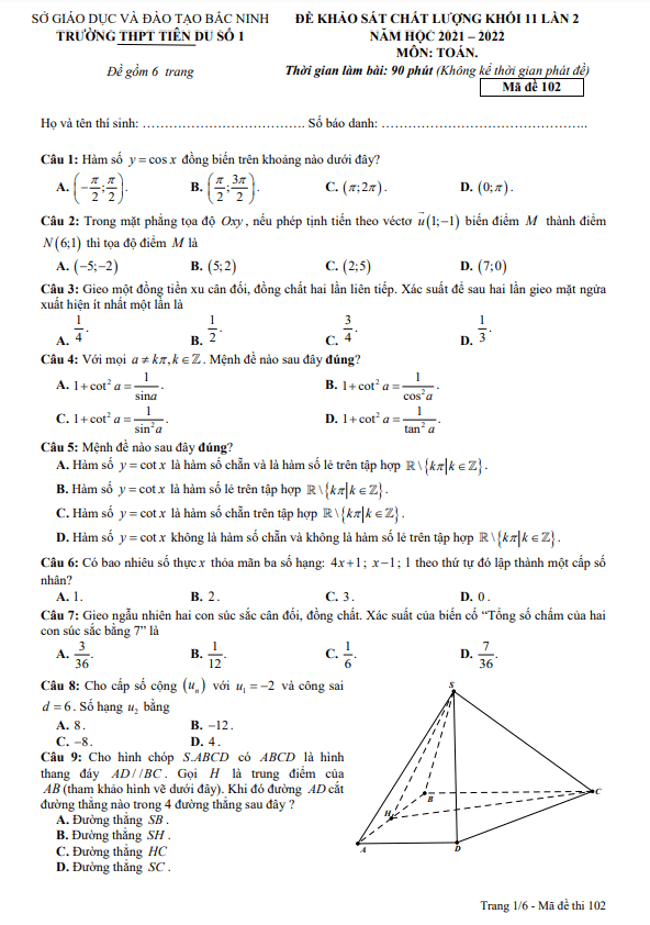 Đề KSCL Toán 11 lần 2 năm 2021 – 2022 trường THPT Tiên Du 1 – Bắc Ninh