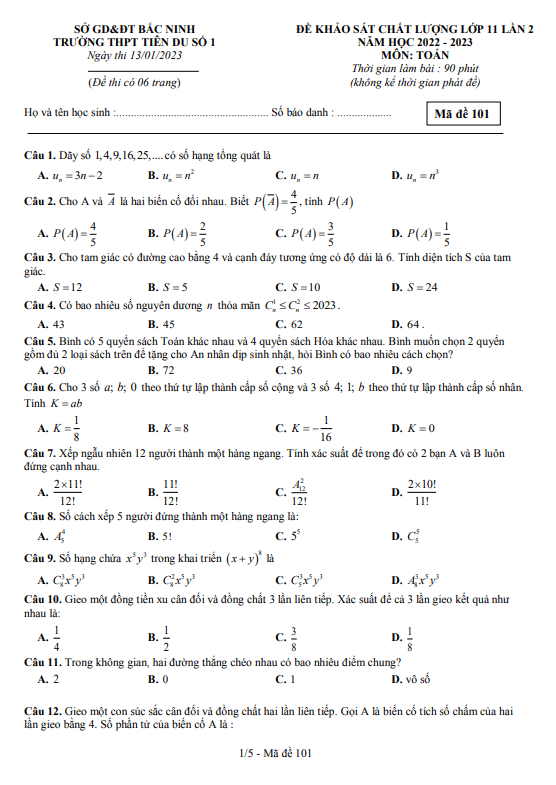 Đề KSCL Toán 11 lần 2 năm 2022 – 2023 trường THPT Tiên Du 1 – Bắc Ninh