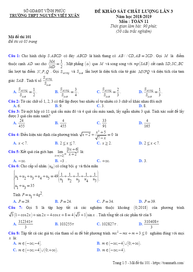 Đề KSCL Toán 11 lần 3 năm 2018 – 2019 trường Nguyễn Viết Xuân – Vĩnh Phúc