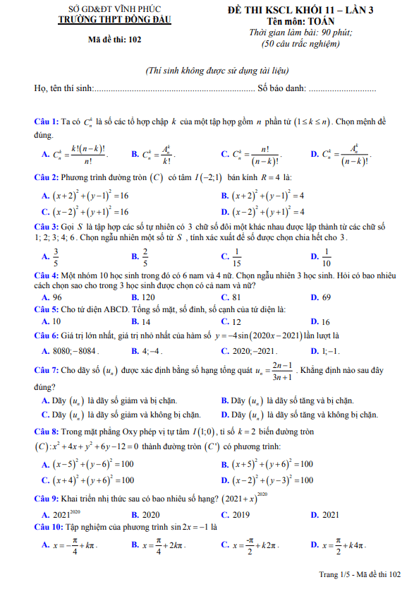 Đề KSCL Toán 11 lần 3 năm 2020 – 2021 trường THPT Đồng Đậu – Vĩnh Phúc
