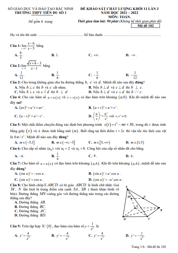 Đề KSCL Toán 11 lần 3 năm 2021 – 2022 trường THPT Tiên Du 1 – Bắc Ninh