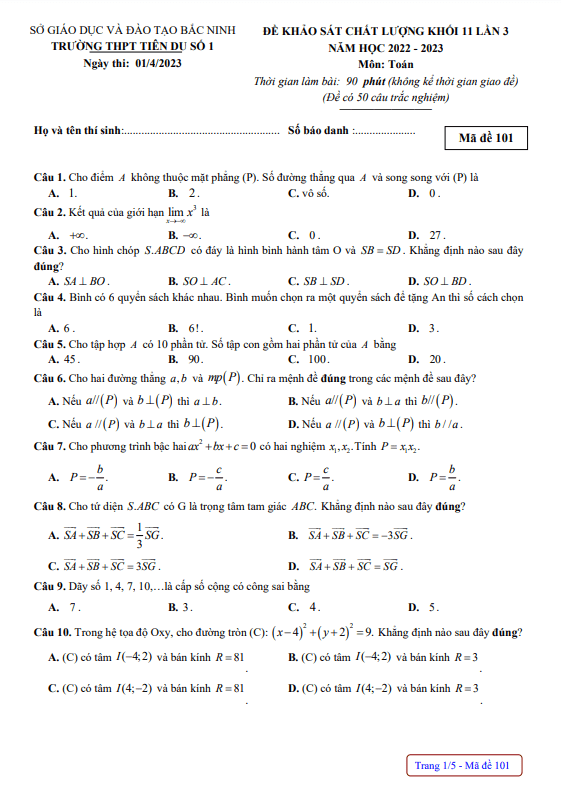 Đề KSCL Toán 11 lần 3 năm 2022 – 2023 trường THPT Tiên Du 1 – Bắc Ninh