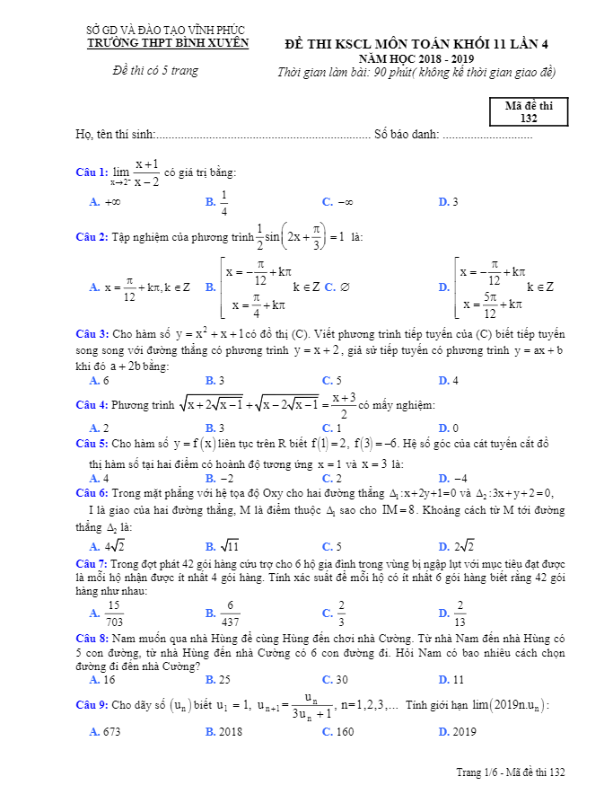 Đề KSCL Toán 11 lần 4 năm 2018 – 2019 trường THPT Bình Xuyên – Vĩnh Phúc