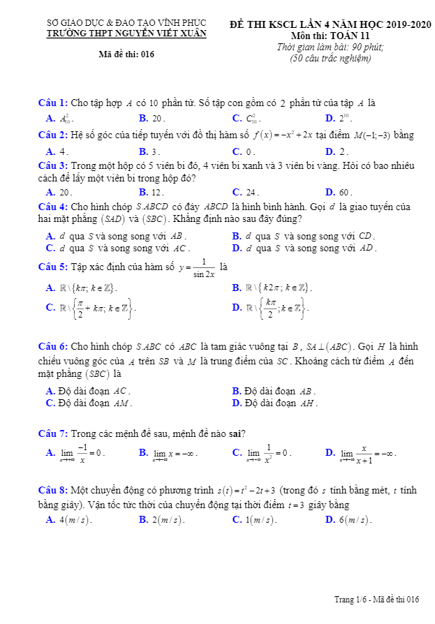 Đề KSCL Toán 11 lần 4 năm 2019 – 2020 trường THPT Nguyễn Viết Xuân – Vĩnh Phúc