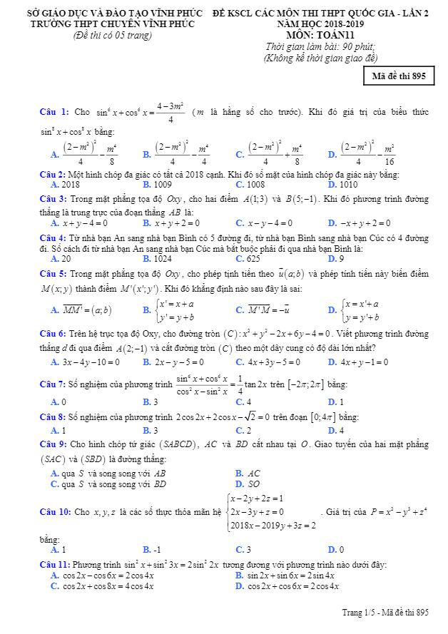 Đề KSCL Toán 11 ôn thi THPTQG năm 2018 – 2019 trường chuyên Vĩnh Phúc lần 2