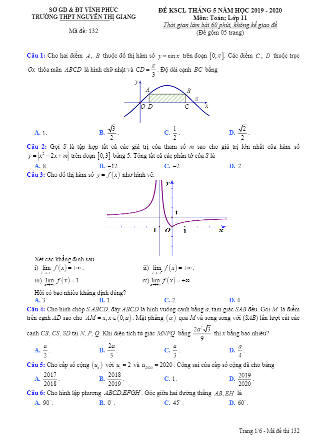 Đề KSCL Toán 11 tháng 5 năm 2020 trường THPT Nguyễn Thị Giang – Vĩnh Phúc