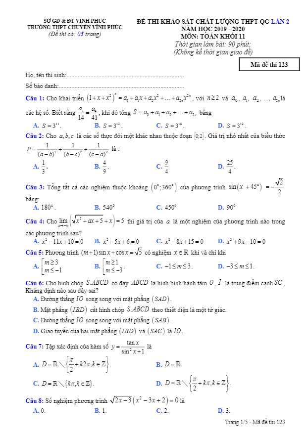 Đề KSCL Toán 11 thi THPT QG 2020 lần 2 trường THPT chuyên Vĩnh Phúc