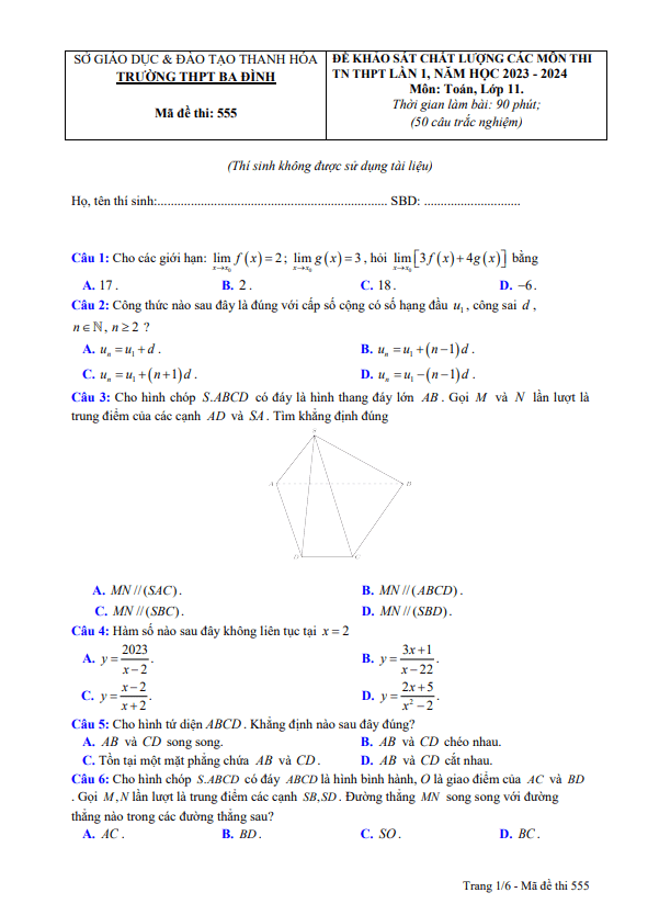 Đề KSCL Toán 11 thi TN THPT 2024 lần 1 trường THPT Ba Đình – Thanh Hóa